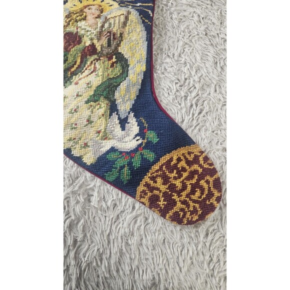 Vintage Large Needlepoint Christmas Stocking Wool Velvet Angel Harp Dove - Picture 4 of 10